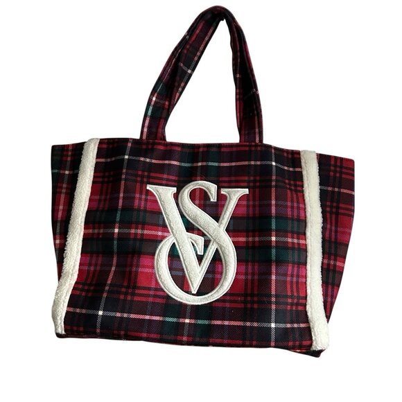 Victoria Secret Flannel Plaid Tote Bag Pink Red Large Snap Structured Preppy Y2K - Picture 1 of 10